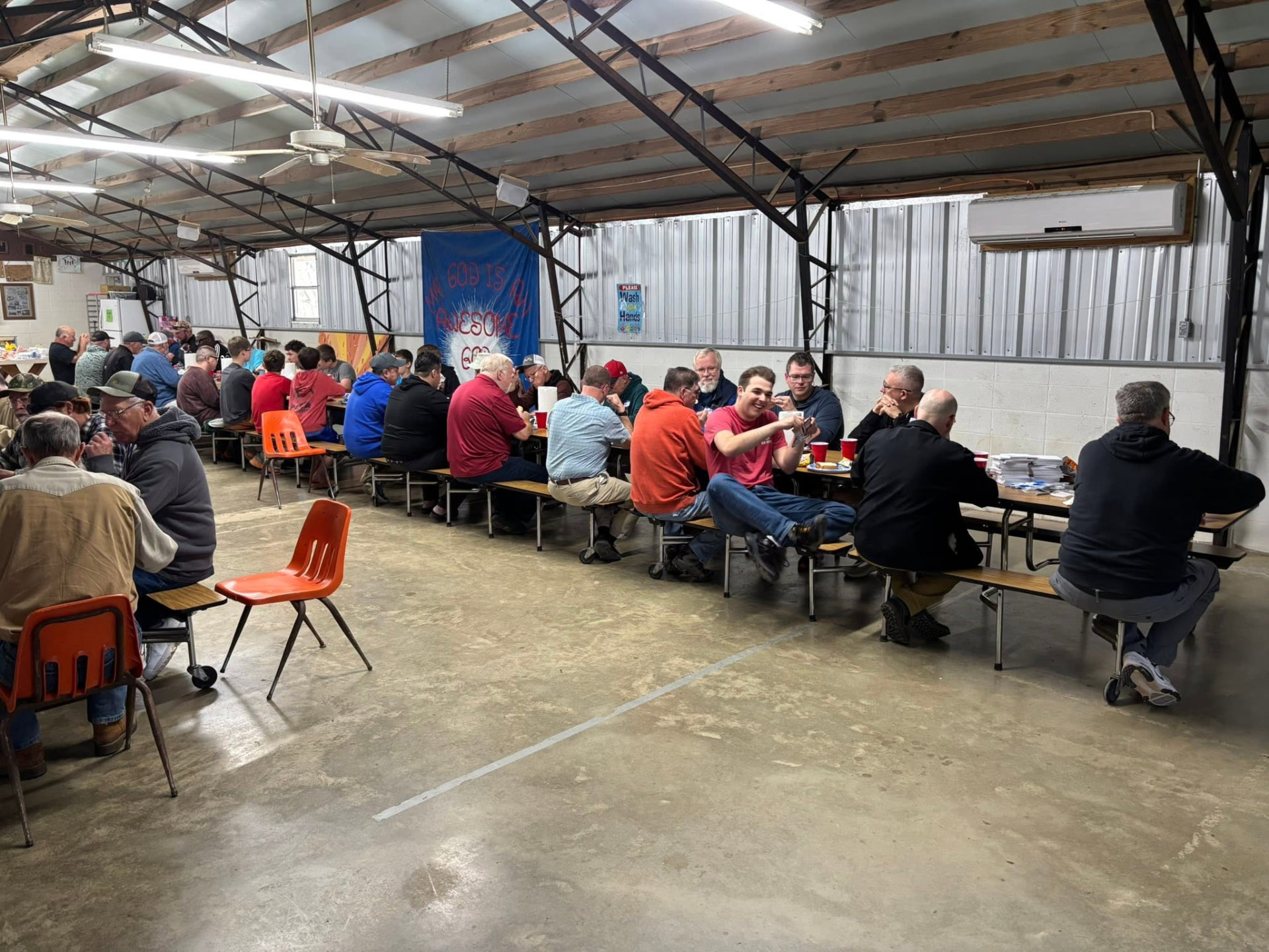 The mess hall at Barton Bible Camp during a retreat meal